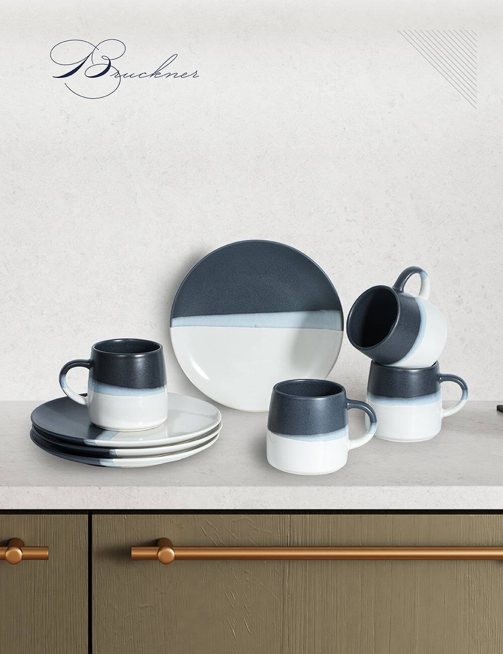 Back. Table 12 - Table 12 Bruckner Stoneware 8-Piece Set, Four 12-Ounce Coffee Mugs & Four 8" Salad Plates, Dishwasher & Microwave Safe - 3 Color.