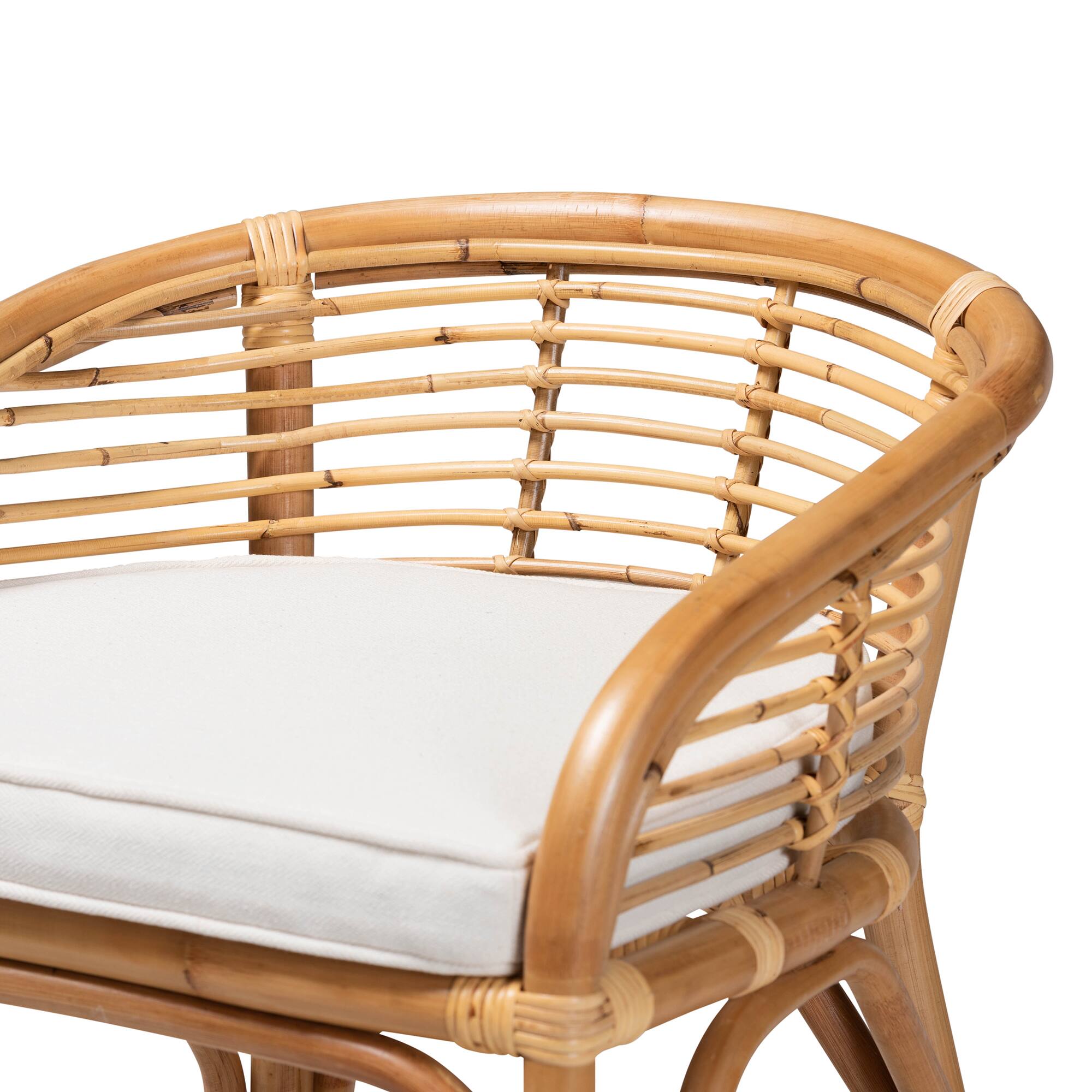 Alt View 1. bali & pari - Maverick Modern Bohemian Fabric Upholstered and Natural Rattan Counter Stool - White/Natural Brown.