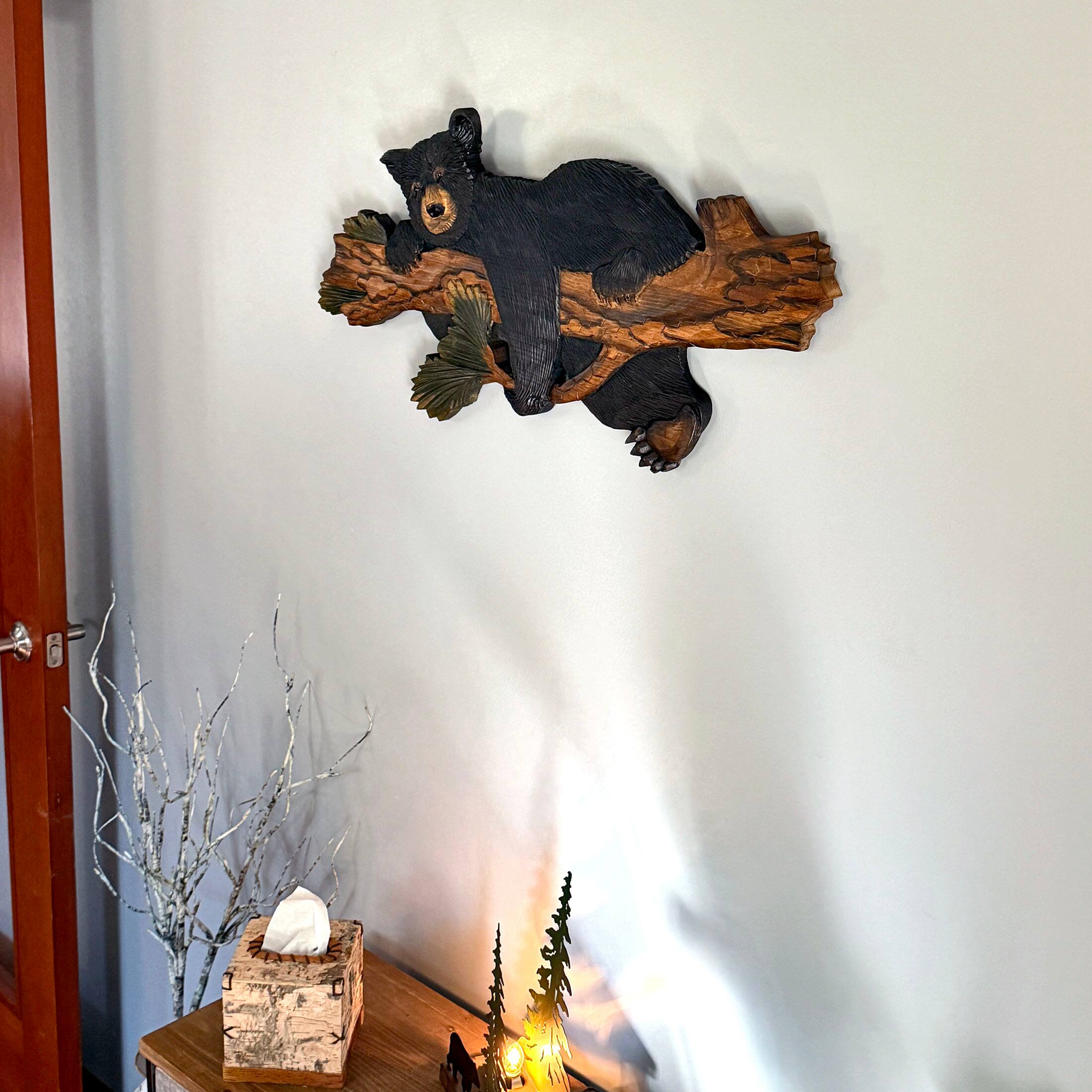 Alt View 4. Zeckos - Bear on Branch Wood Wall Sculpture 31in Rustic Lodge Cabin Wall Art - Brown.