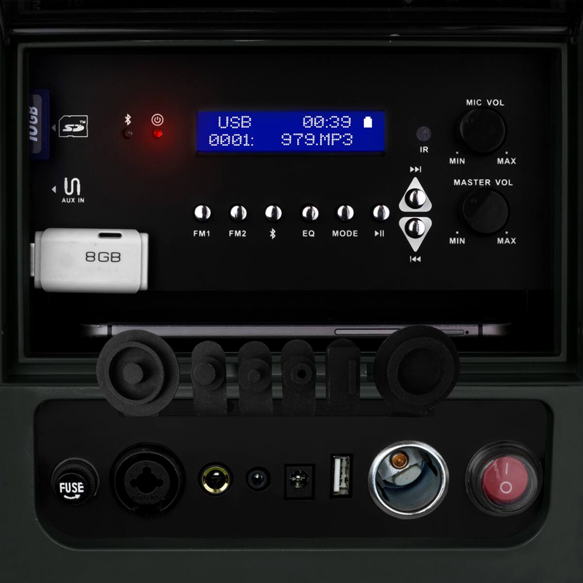 Sure, here is the corrected and grouped text from the image:

- USB
- 00:39
- 0001: 979.MP3
- IR
- MIC VOL
- MIN MAX
- MASTER VOL
- FM1 FM2
- EQ MODE
- MIN MAX
- FUSE
- AUX IN
- 8GB