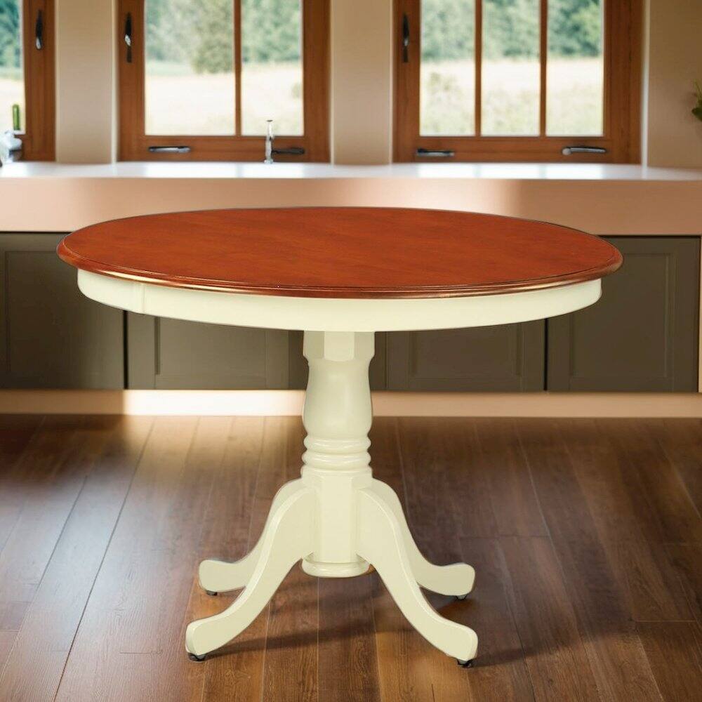 Left. FurniFact - Small Round Kitchen Table for Dining Room with Classic Wooden Finish - Buttermilk & Cherry.