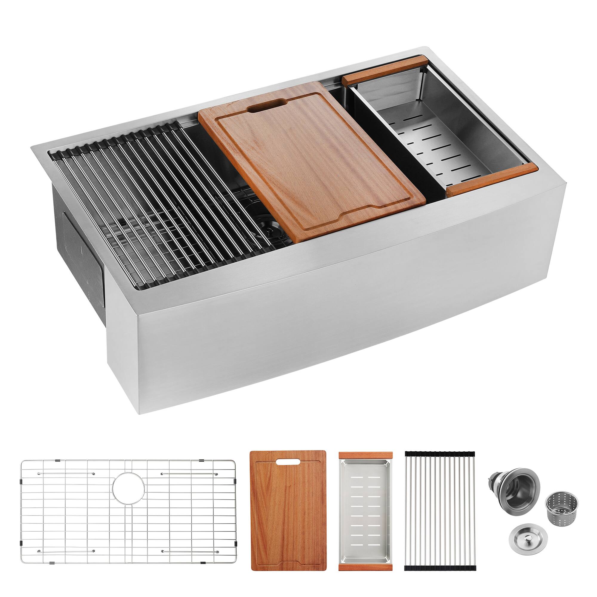 Alt View 7. Siljoy - 36x22x10"Farmhouse Apron Single Bowl Stainless Steel Kitchen Sink with Workstation - Brushed Nickel.