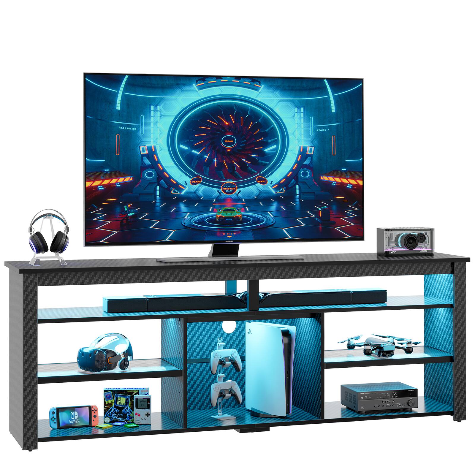 Bestier - 71" Gaming TV Stand Entertainment Center Storage Space TV Up to 80" - Black
