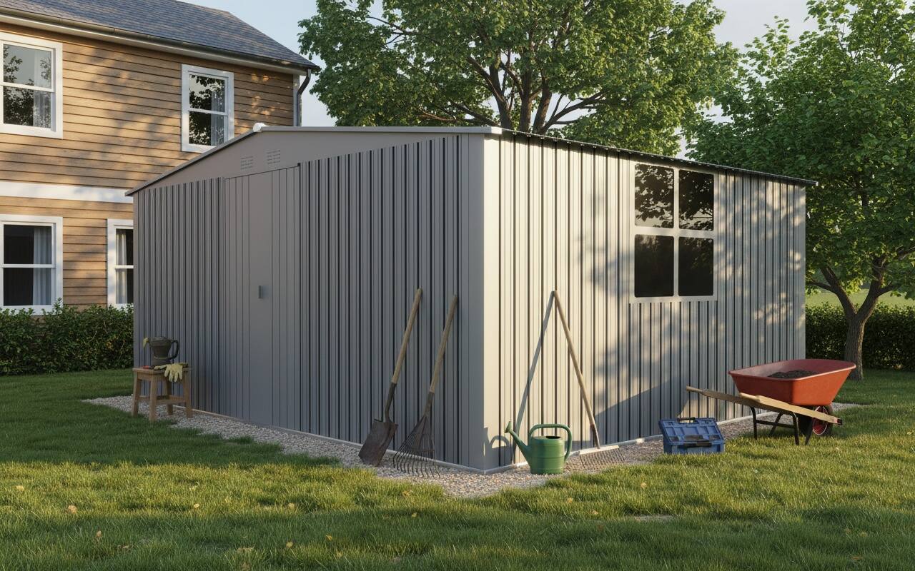 Back. Anysun - 13x11ft 2-in-1 Metal Storage Shed with Firewood Shed, Heavy-Duty Outdoor Garden Shed for Winter Use - Grey.
