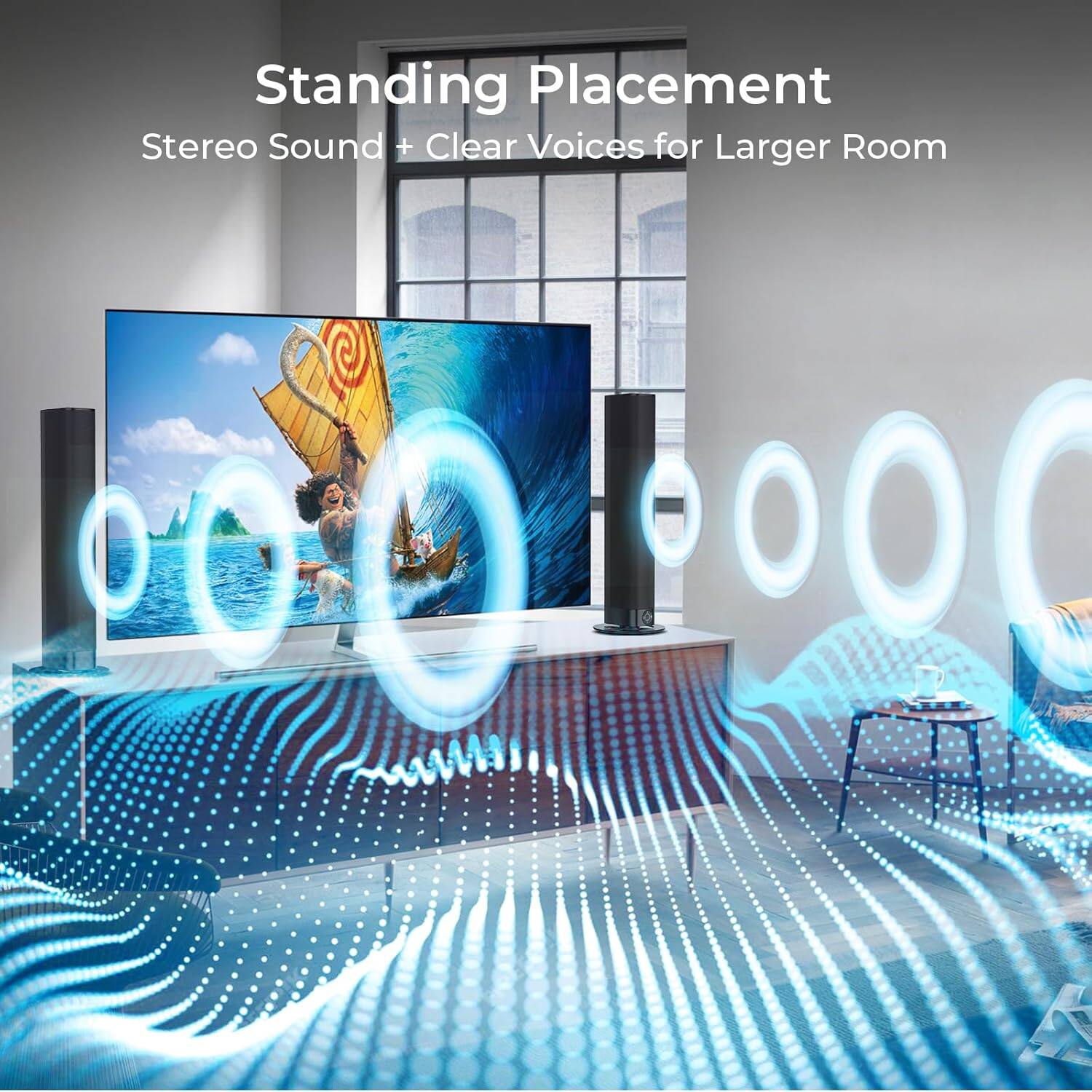 Standing Placement  
Stereo Sound + Clear Voices for Larger Room