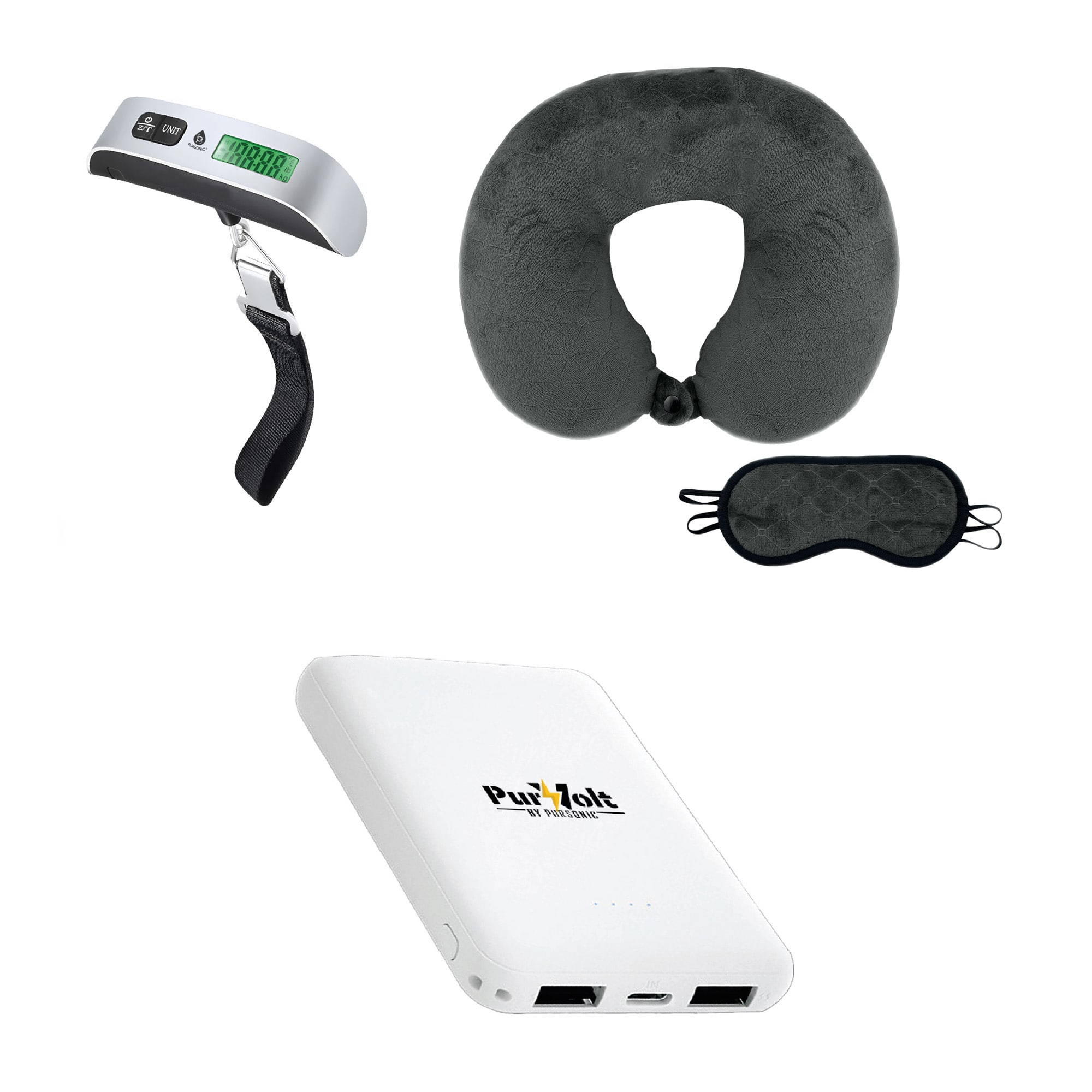 Pursonic - The Savvy Traveler’s Essential Trio: Luggage Scale, Memory Foam Travel Pillow, Ultra-Compact Wireless Power Bank