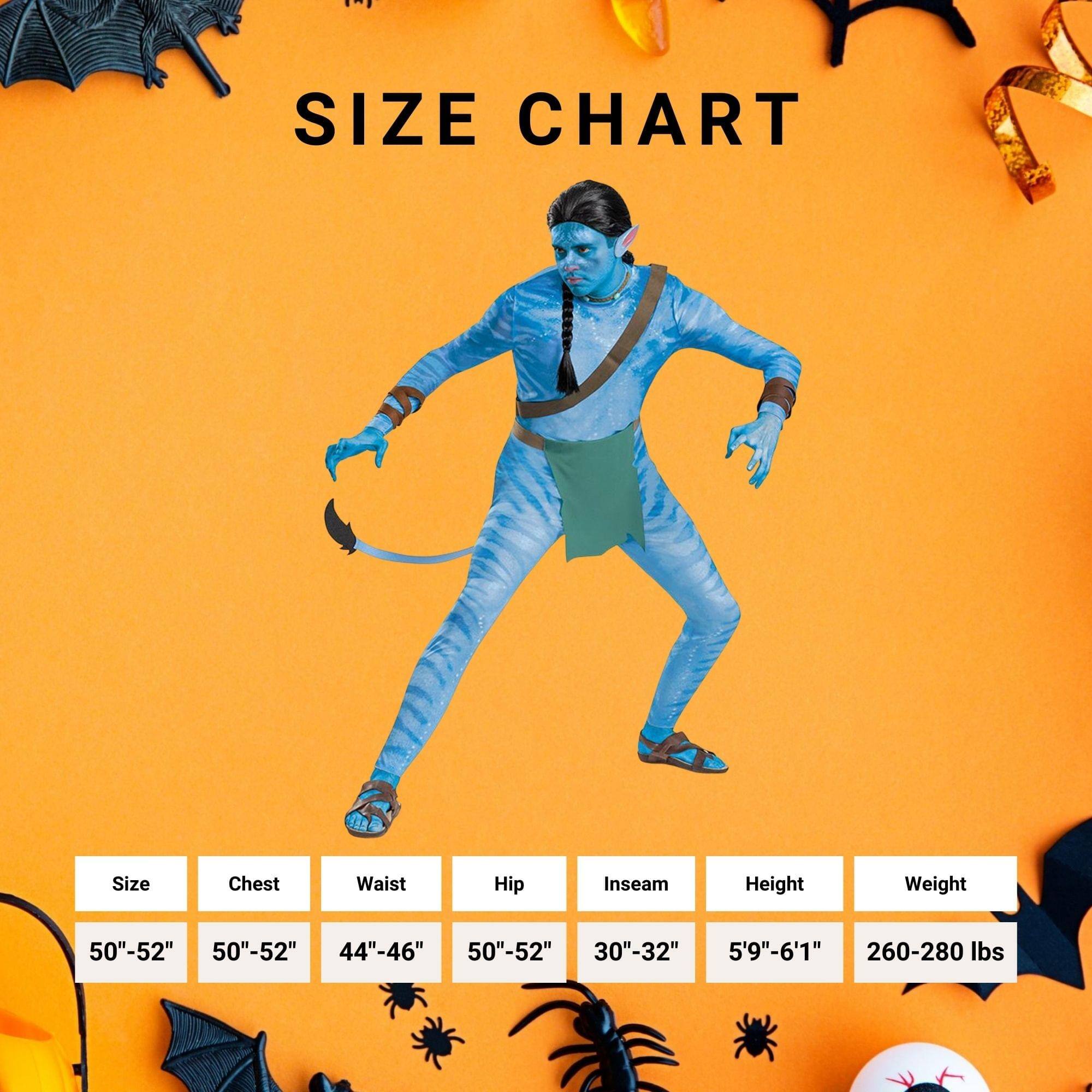 SIZE CHART

Size | Chest | Waist | Hip | Inseam | Height | Weight
--- | --- | --- | --- | --- | --- | ---
50"-52" | 50"-52" | 44"-46" | 50"-52" | 30"-32" | 5'9"-6'1" | 260-280 lbs