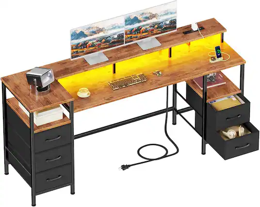 Front. Furnulem - 61 Inches Computer Desk with Monitor Stand Charging Station LED Lights Gaming Desk with Drawers for Home Office - Brown.