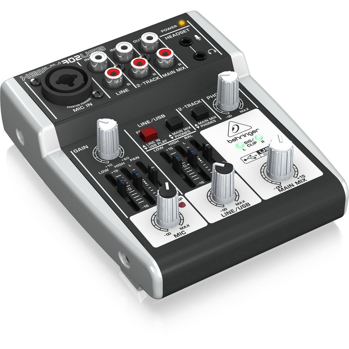 POWER OUT HEADSET Vea J BIRUSOF IN MIX KEN 2-TRACK A MAIN R LINE PHO POWS IN 2-TRACK PHANTOM MIC MAX MIX 8 LINE/USB MAIN PHONES MIX FT MAIN PHONES LINE IN PLAY HIGH L BAL behringer SIG/ CLIP GAIN USB LOW +15 +B0 PAN +10 HIGH L LOW +15 +15 -15 MIX MAIN iP MAX -15 LINE/USB MAX 8 MIC