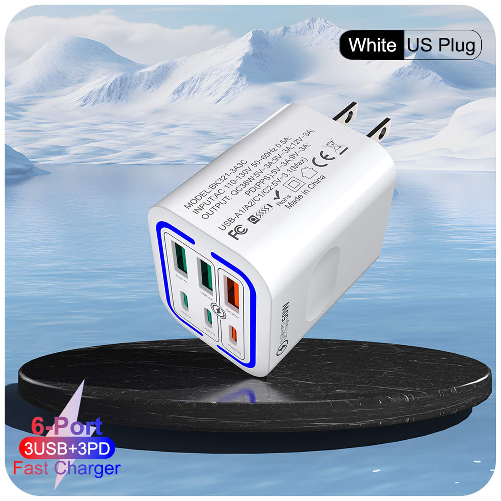 YONWAY - 3 USB+3 PD Wall Charger 6 Ports Quick Charge Plug Outlet, US Standard Adapter for iPhone and Android - White
