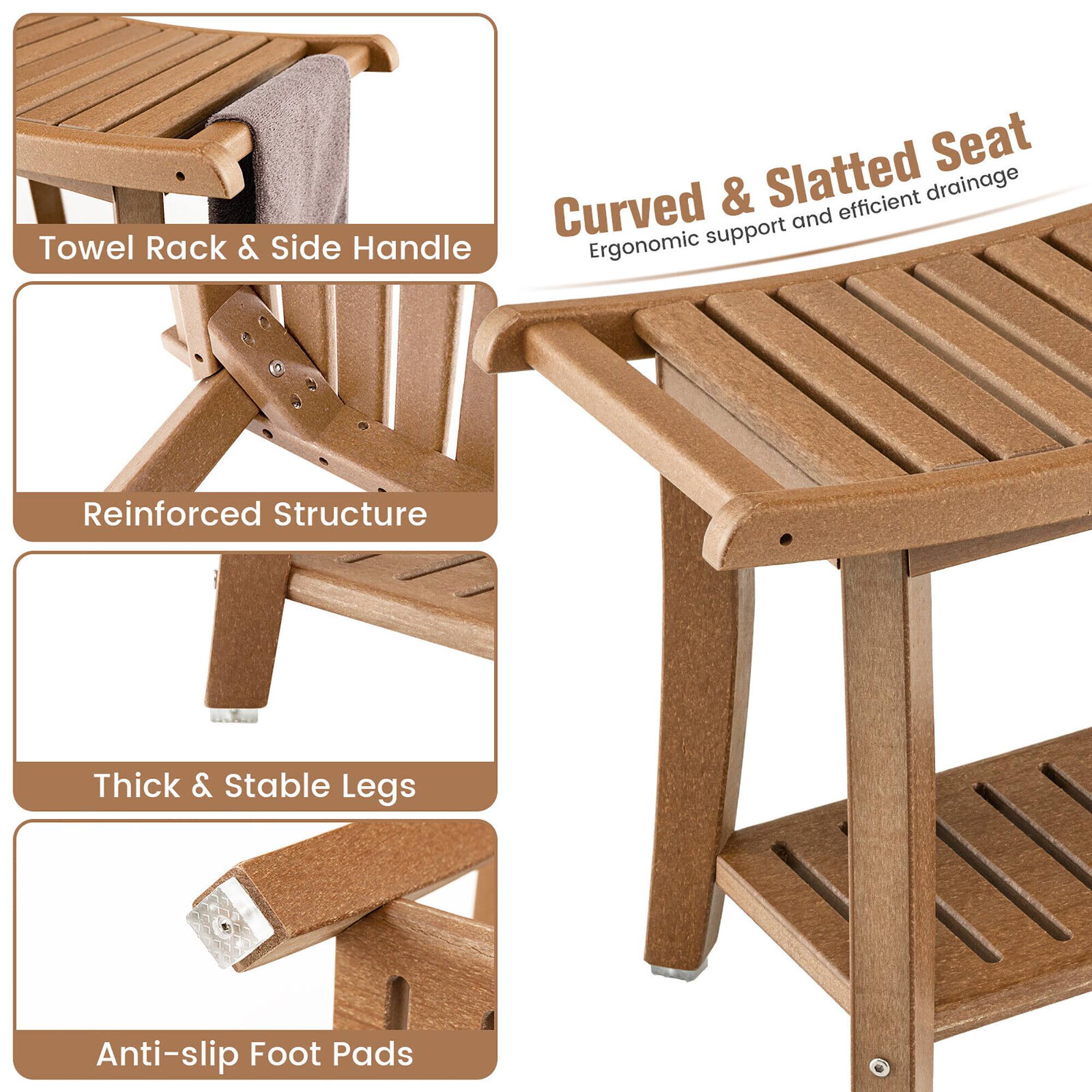 - Curved & Slatted Seat: Ergonomic support and efficient drainage
- Towel Rack & Side Handle
- Reinforced Structure
- Thick & Stable Legs
- Anti-slip Foot Pads