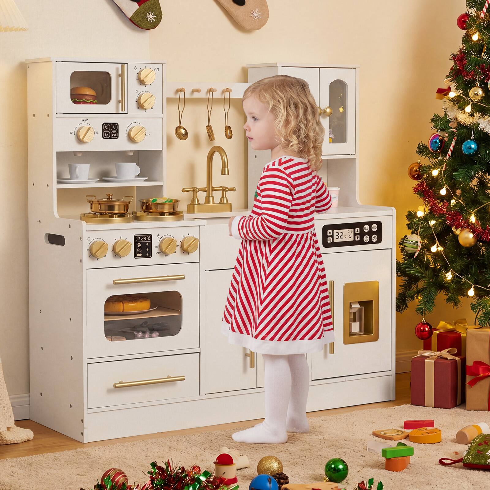 Alt View 1. Gymax - Gymax Wooden Kitchen Playset w/Realistic Lights & Sounds Stoves Sink Faucet Oven White - White.