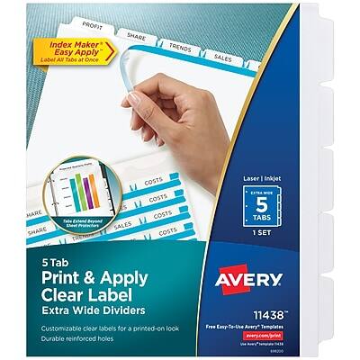 **PROFIT Index Maker**  
Easy Apply Label All Tabs at Once

**SHARE**  
**TRENDS**  
**SALES**  
**COSTS**

**Laser | Inkjet**  
5 TABS  
1 SET

**5 Tab Print & Apply Clear Label Extra Wide Dividers**  
Customizable clear labels for a printed-on look  
Durable reinforced holes

**AVERY**  
11438  
Free Easy-To-Use Avery Templates