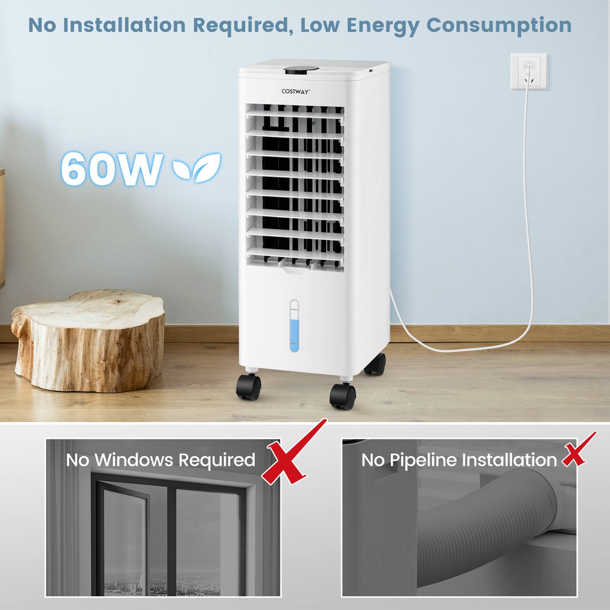 No Installation Required, Low Energy Consumption COSTWAY 60W No Windows Required x No Pipeline Installation