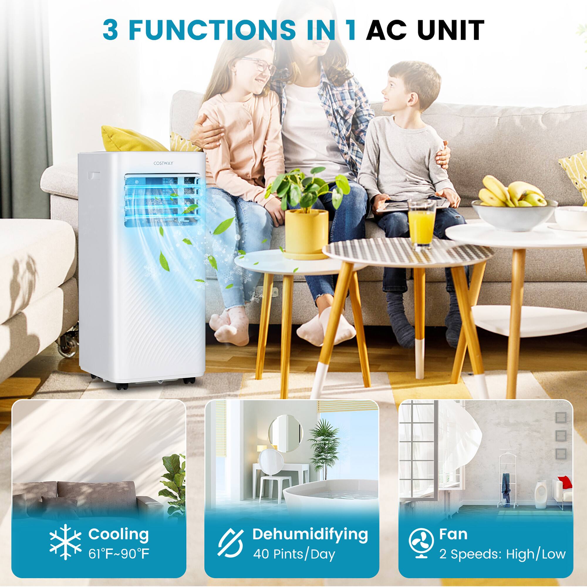 3 Functions in 1 AC Unit: Cooling, Dehumidifying, and Fan with 2 Speeds (High/Low).
