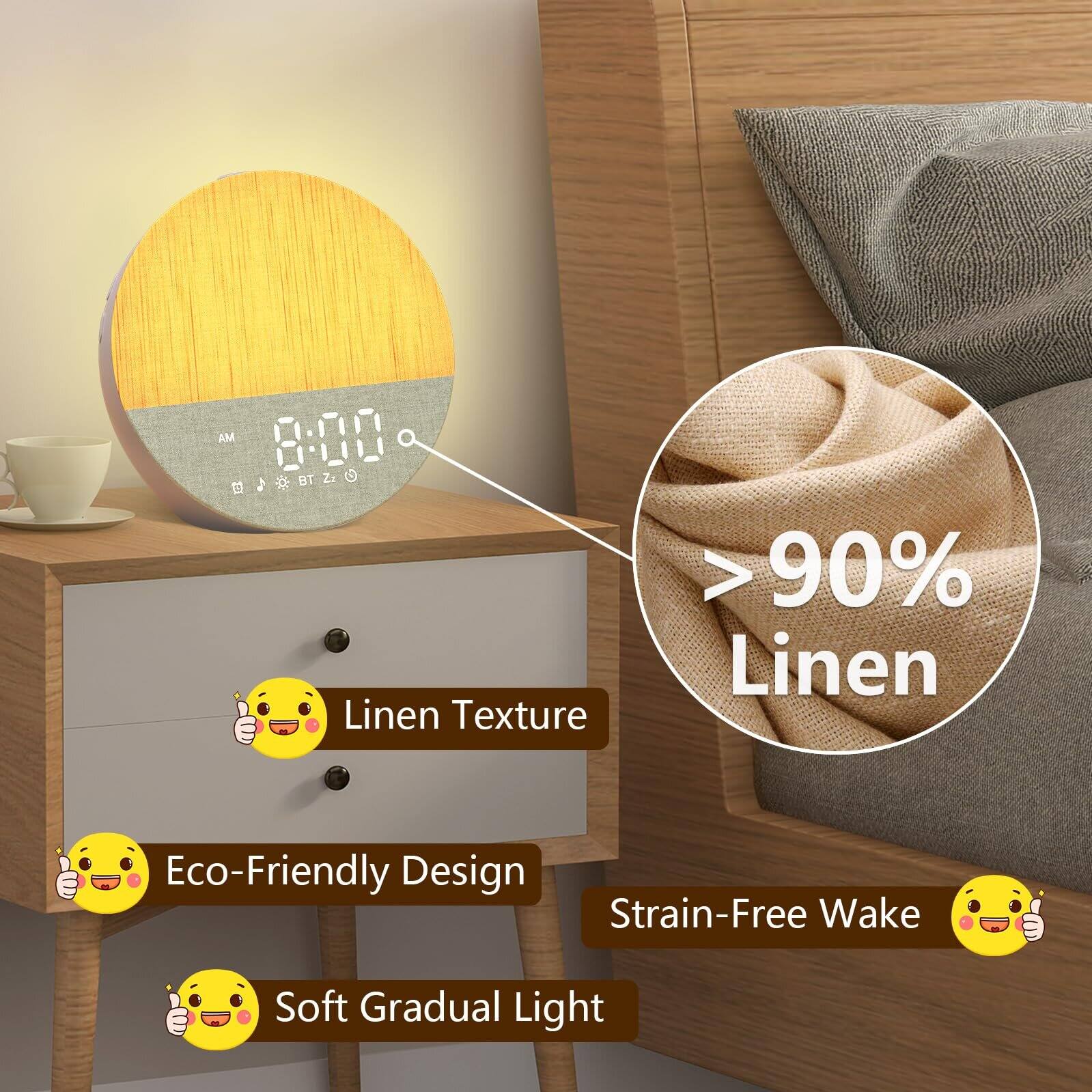 AM 8:00 B20 BT Za

>90% Linen

Linen Texture

Eco-Friendly Design

Strain-Free Wake

Soft Gradual Light