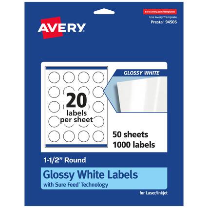 Go to avery.com/templates
AVERY
Use Avery Template Presta 94506
GLOSSY WHITE
20 labels per sheet
50 sheets 1000 labels
1-1/2" Round Glossy White Labels with Sure Feed Technology for Laser/Inkjet