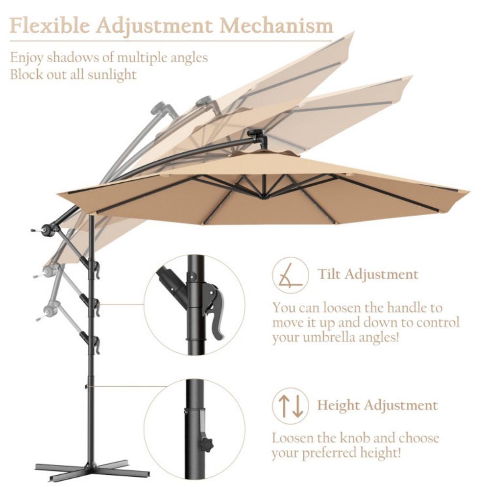 Flexible Adjustment Mechanism

Enjoy shadows of multiple angles  
Block out all sunlight

Tilt Adjustment  
You can loosen the handle to move it up and down to control your umbrella angles!

Height Adjustment  
Loosen the knob and choose your preferred height!