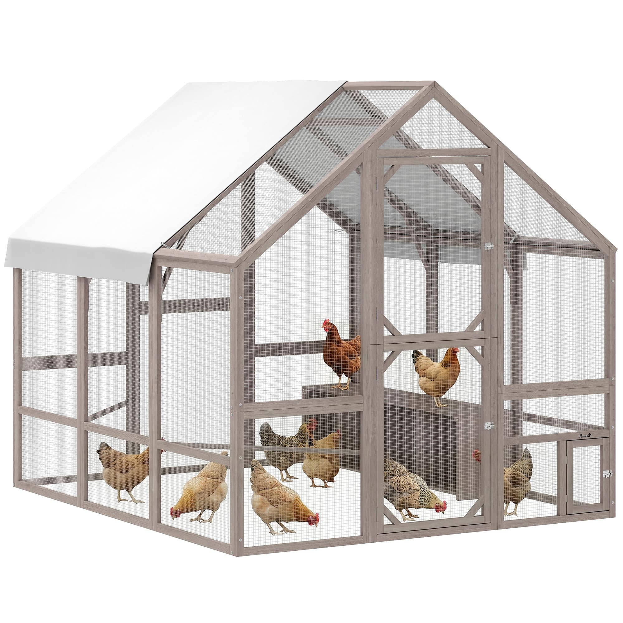Pawhut - Wooden Chicken Coop for 8-10 Hens, Walk-in Chicken Run with Waterproof Cover - Light Brown