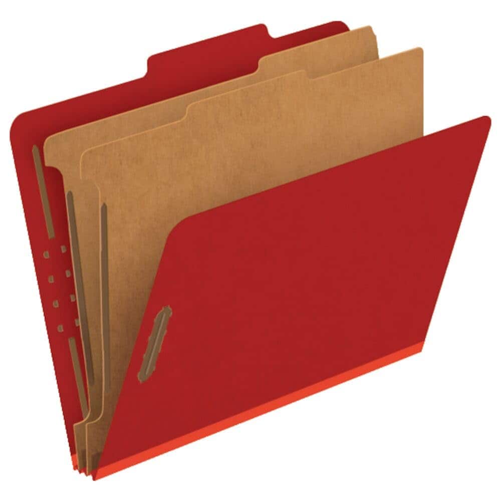 Tops Business Forms - Colored Pressboard Top Tab  Folders, 2.5" Expansion, 2 Dividers, 6 Fasteners, Letter Size, Bright Red, 10/Box