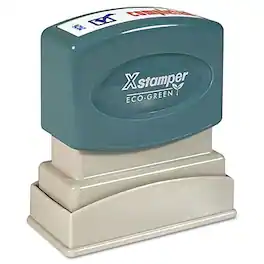 Xstamper - Eco-Green Completed Rectangle Pre-Inked Stamp, 1 5/8" x 1/2", Blue and Red Ink - Blue/Red