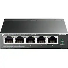 TP-Link 5-Port Gigabit Easy Smart Switch with 4-Port PoE+
TL-SG105PE
Left LED:
- Green = 1000Mbps
- Yellow = 10/100Mbps
- Blinking = Activity
Right LED (Port 4):
- Solid Green = PoE Powered
- Flashing Green = PoE Fault
Ports:
1, 2, 3, 4, 5
Power LED
PoE Max