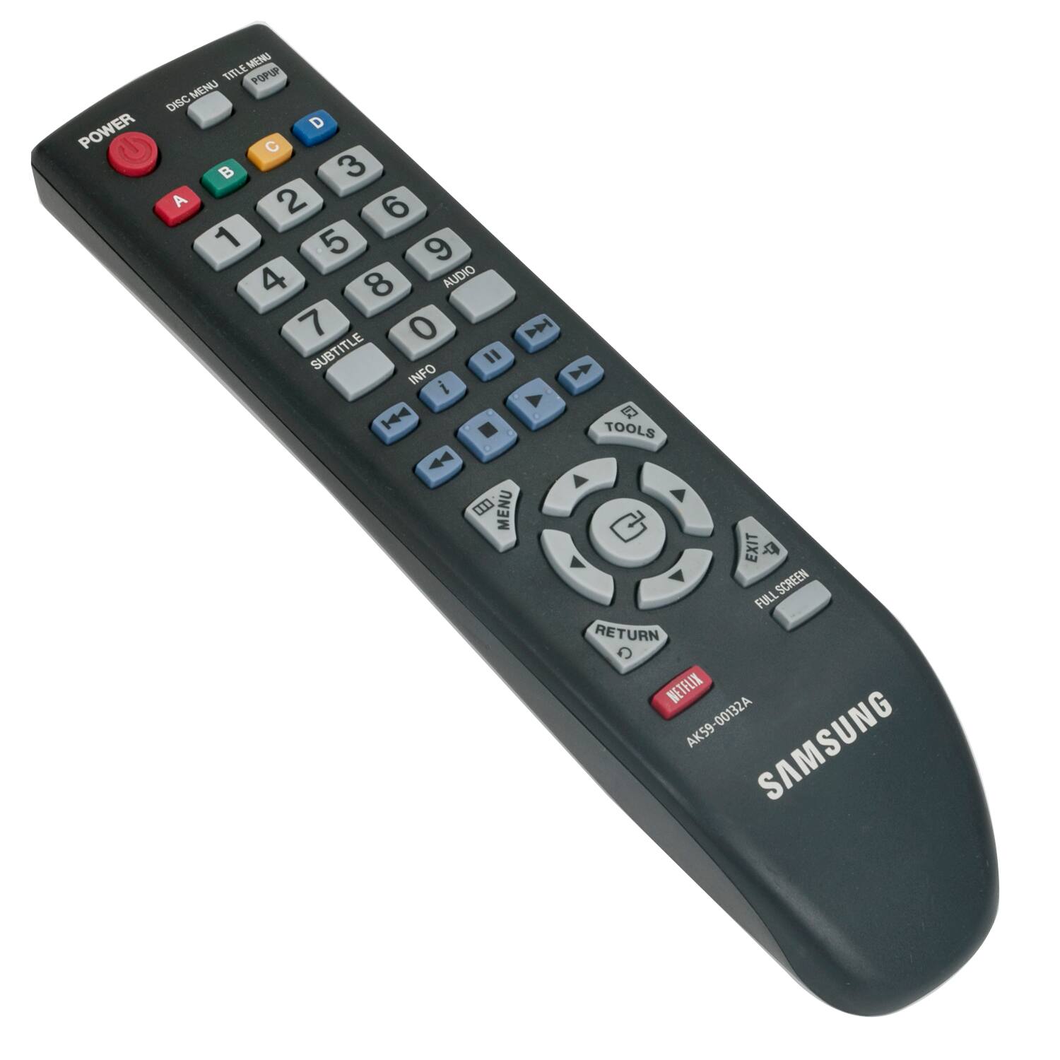 MEMI TITLE POPUP MENU DKSC POWER D C 3 A 2 6 1 5 9 4 8 AUDIO 7 0 D SUBTITLE 1 INFO i A 14 . TOOLS 4 MENU EXIT A SCREEN FULL RETURN WETFLIX 00132A AK59 SAMSUNG