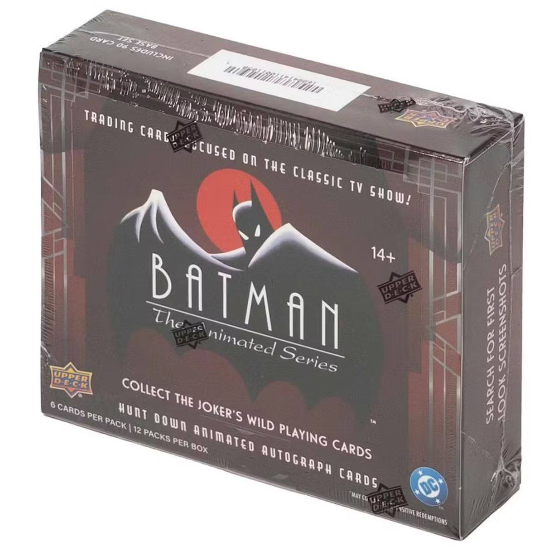 CARD SEE BASES 06 INCLUDES TRADING CARE SCUSED ON THE CLASSIC TV SHOW! 14+ UPPER BATMAN The D-E-C-K animated Series UPPER D-E-C-K COLLECT 6 THE CARDS PER HUNT JOKER'S PACK DOWn WILD T I 12 PACKS PER ANIMATED PLAYING BOX CARDS AUTOGRAPH CARDS DC MAT tg UPPER D E.C-K YHTIVE REDEMPTIONS FIRST SCREENSHOTS FOR SEARCH TOOK

Corrected text:

TRADING CARDS FOCUSED ON THE CLASSIC TV SHOW!  
14+  
BATMAN The Animated Series  
COLLECT THE JOKER'S WILD  
HUNT DOWN ANIMATED  
6 CARDS PER PACK | 12 PACKS PER BOX  
PLAYING CARDS  
AUTOGRAPH CARDS  
DC MAT tg  
UPPER DECK  
ACTIVE REDEMPTIONS  
SEARCH FOR FIRST LOOK SCREENSHOT