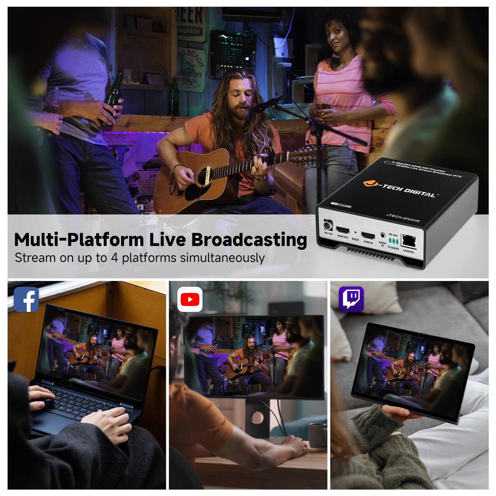 Multi-Platform Live Broadcasting  
Stream on up to 4 platforms simultaneously