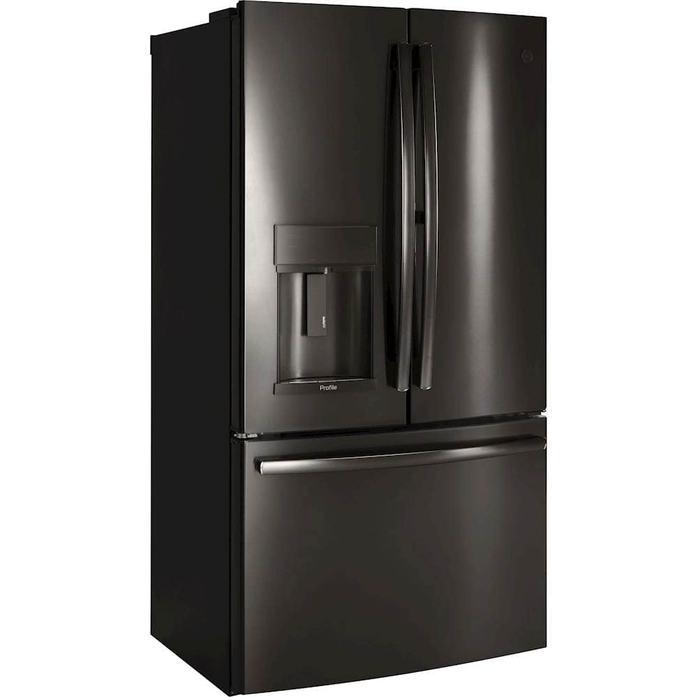 Angle. GE Profile - 22.1 Cu. Ft. French Door Counter-Depth Refrigerator with Hands-Free AutoFill - Black Stainless Steel.
