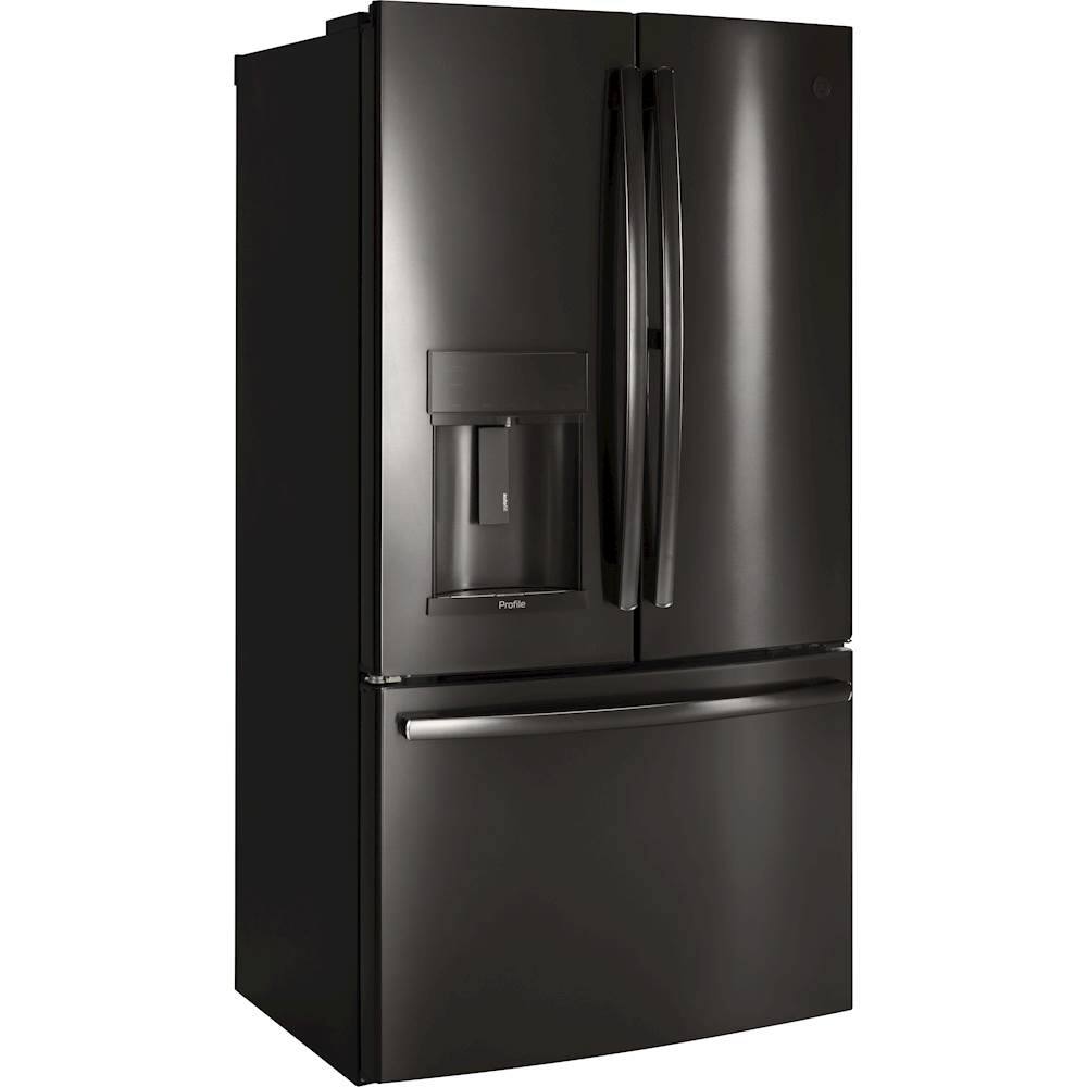 Angle. GE Profile - 22.1 Cu. Ft. French Door Counter-Depth Refrigerator with Hands-Free AutoFill - Black Stainless Steel.