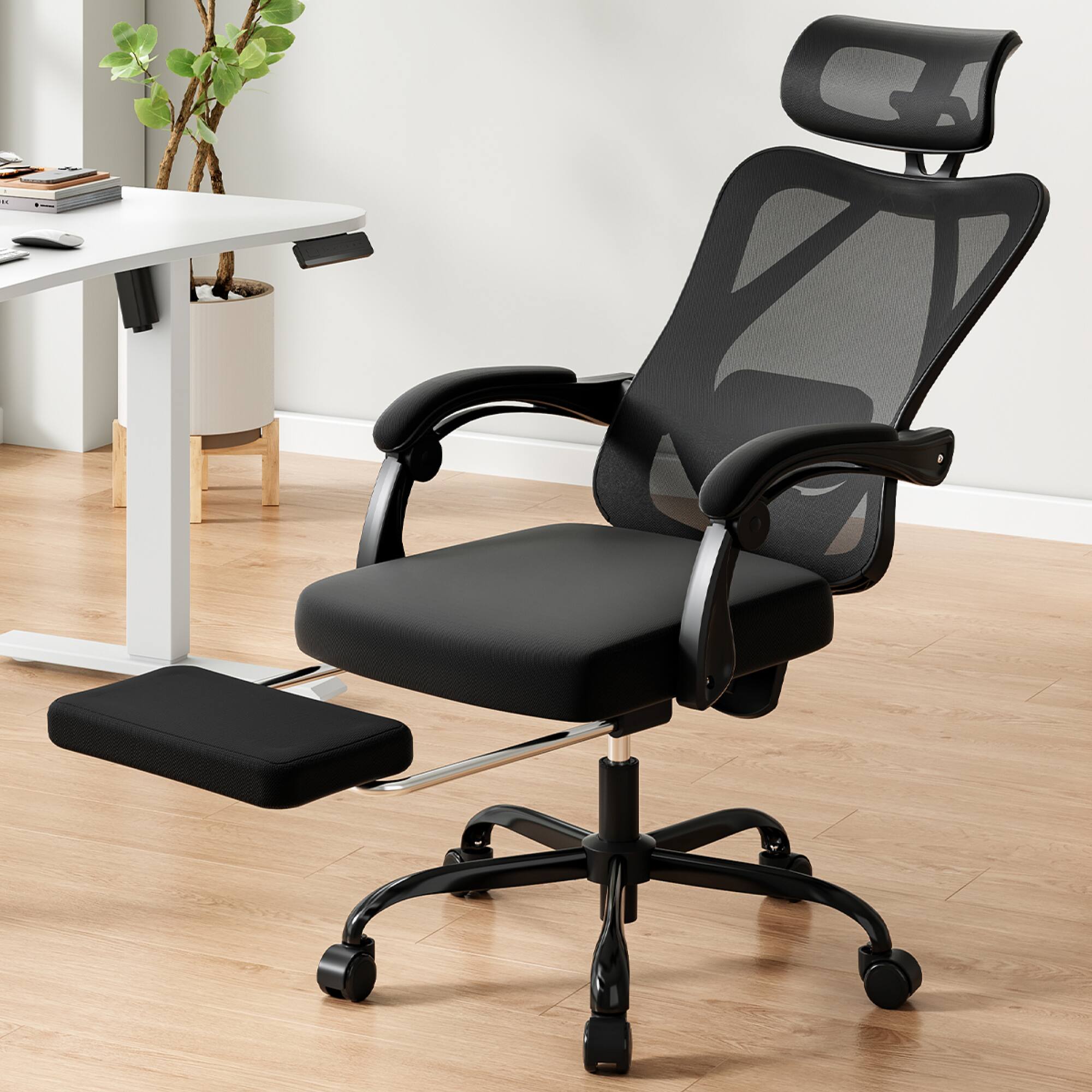 Back. GOODSILO - Ergonomic High-Back Mesh Office Chair with Adjustable Lumbar Support and Retractable Footrest for Home and Office Use - Black.