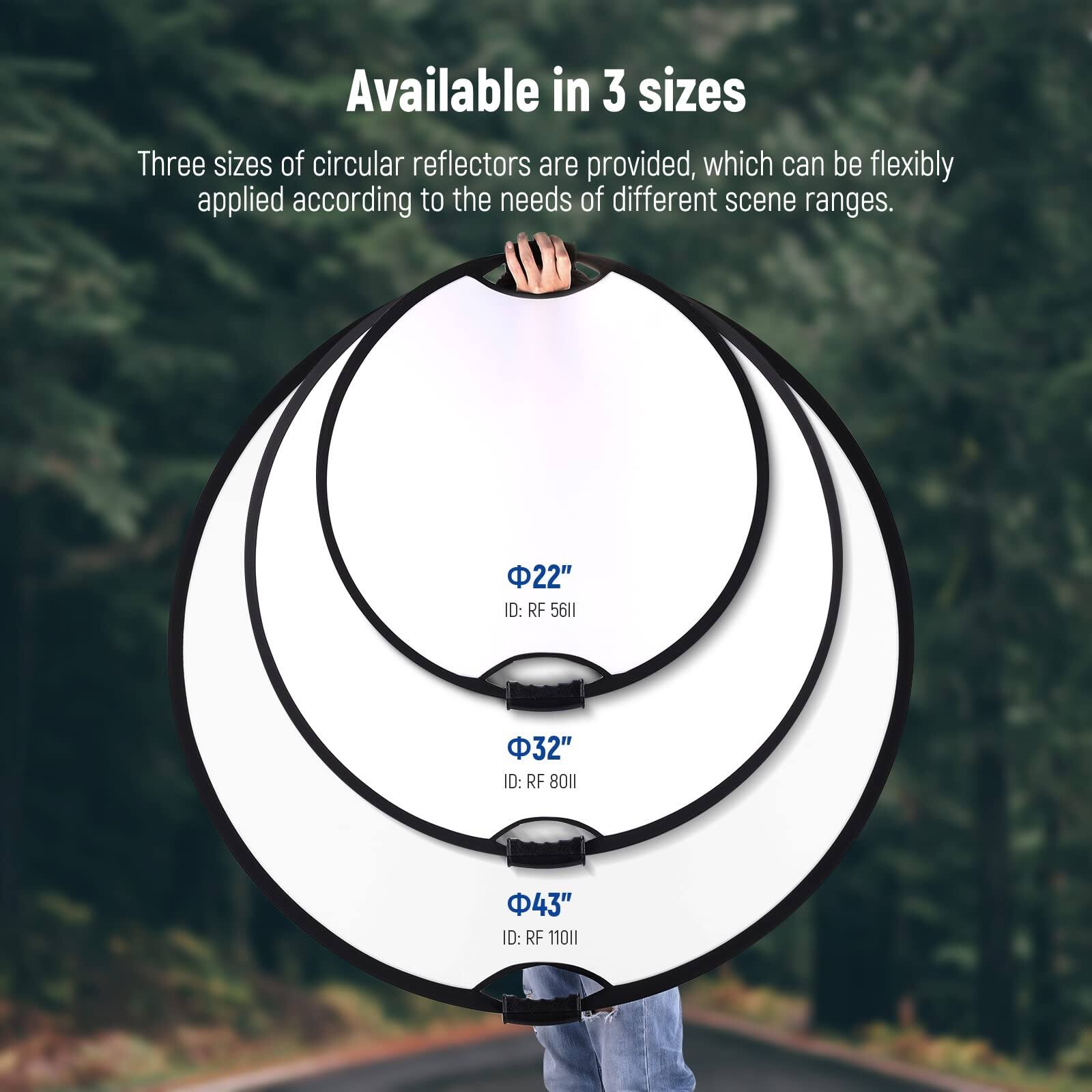 Available in 3 sizes

Three sizes of circular reflectors are provided, which can be flexibly applied according to the needs of different scene ranges.

- 22" ID: RF 5611
- 32" ID: RF 8011
- 43" ID: RF 11011