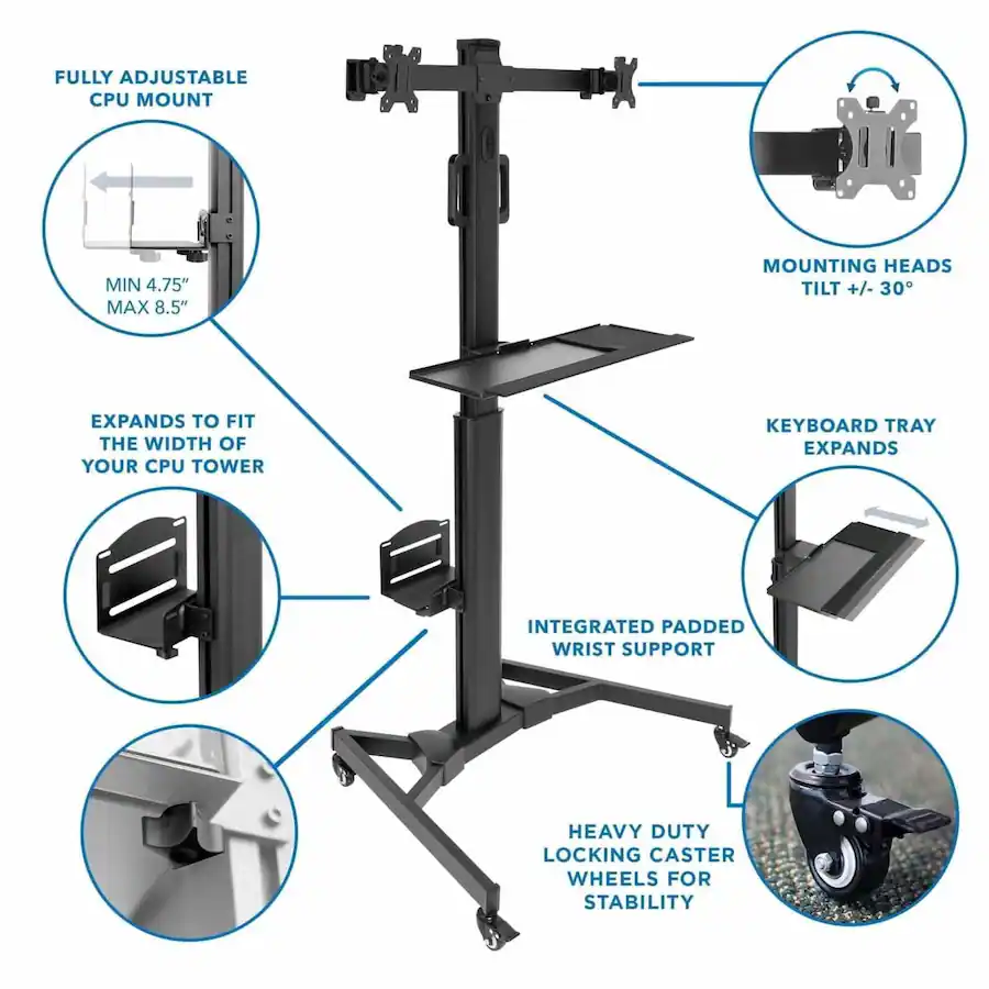 Computer Mount Chart Mount It! Mobile PC Workstation for Dual Monitors with Height ...