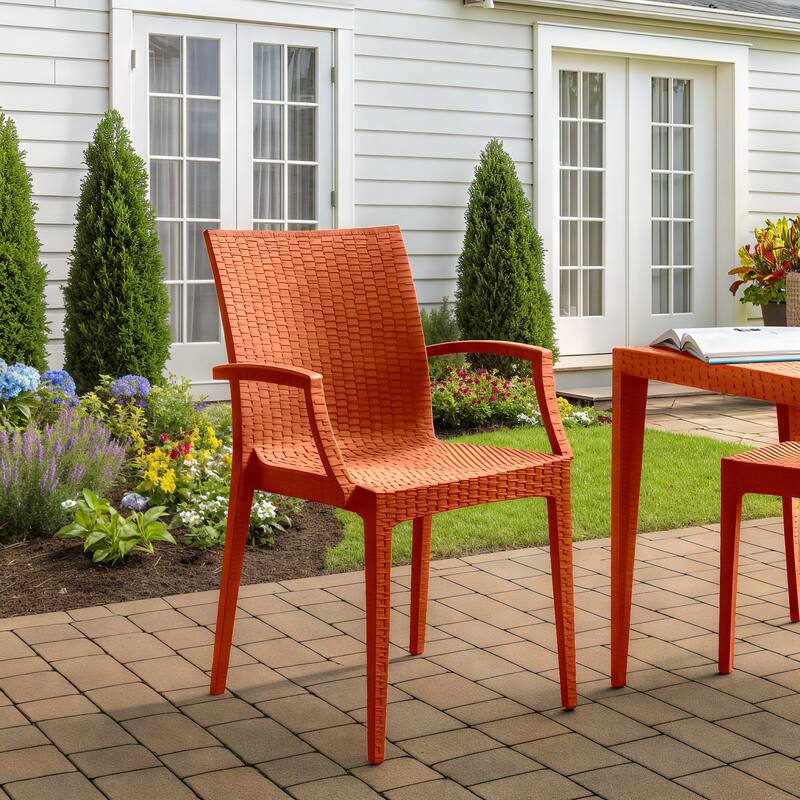 Angle. LeisureMod - Mace 4-Pieces Modern Woven Pattern Dining Chairs - Waterproof Stackable Indoor Outdoor Patio Chairs - Orange.