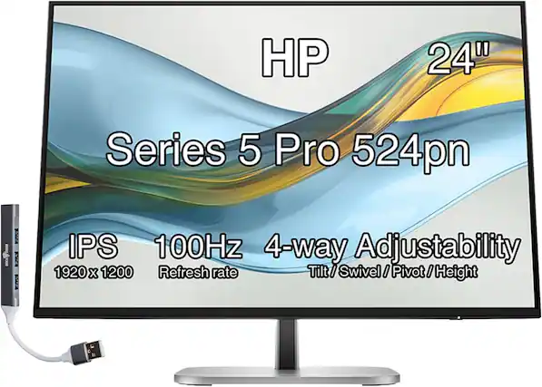 HP
24"
Series 5 Pro 524pn
IPS
100Hz
1920 x 1200
Refresh rate
4-way Adjustability
Tilt/Swivel/Pivot/Height