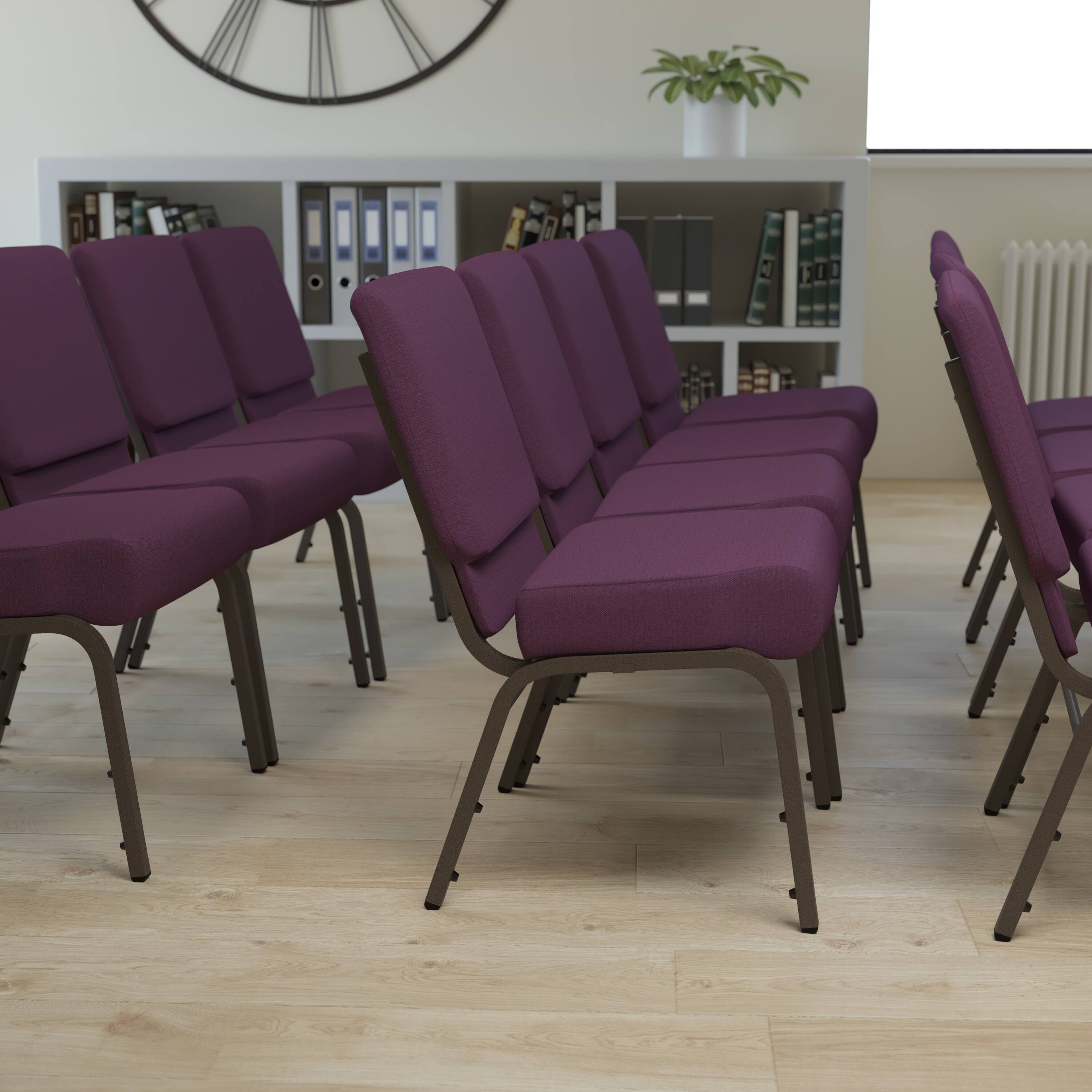 Alt View 1. Emma + Oliver - 4 Pack 21''W Stacking Church Chair - Plum Fabric/Gold Vein Frame.