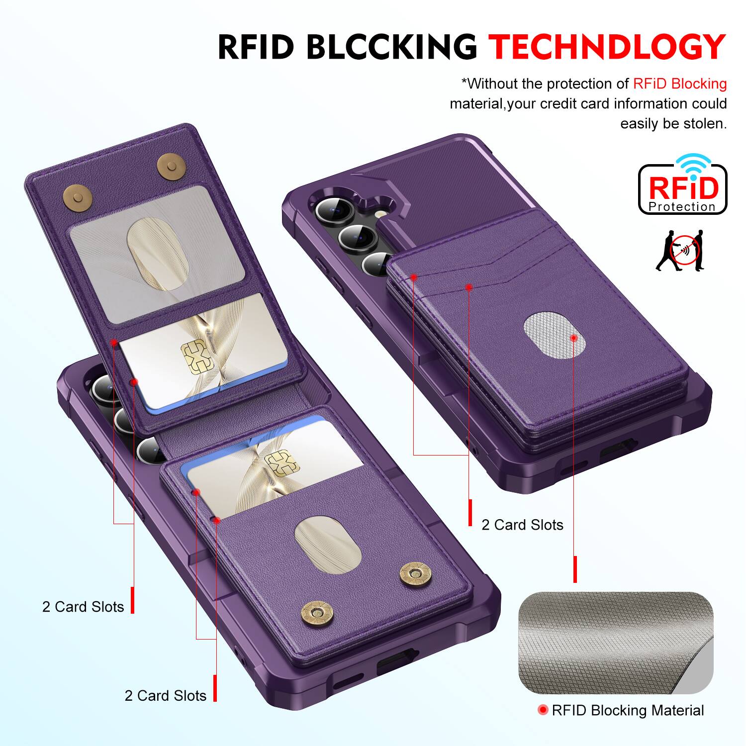 RFID BLOCKING TECHNOLOGY

*Without the protection of RFID Blocking material, your credit card information could easily be stolen.

RFID Protection

2 Card Slots

2 Card Slots

2 Card Slots

RFID Blocking Material