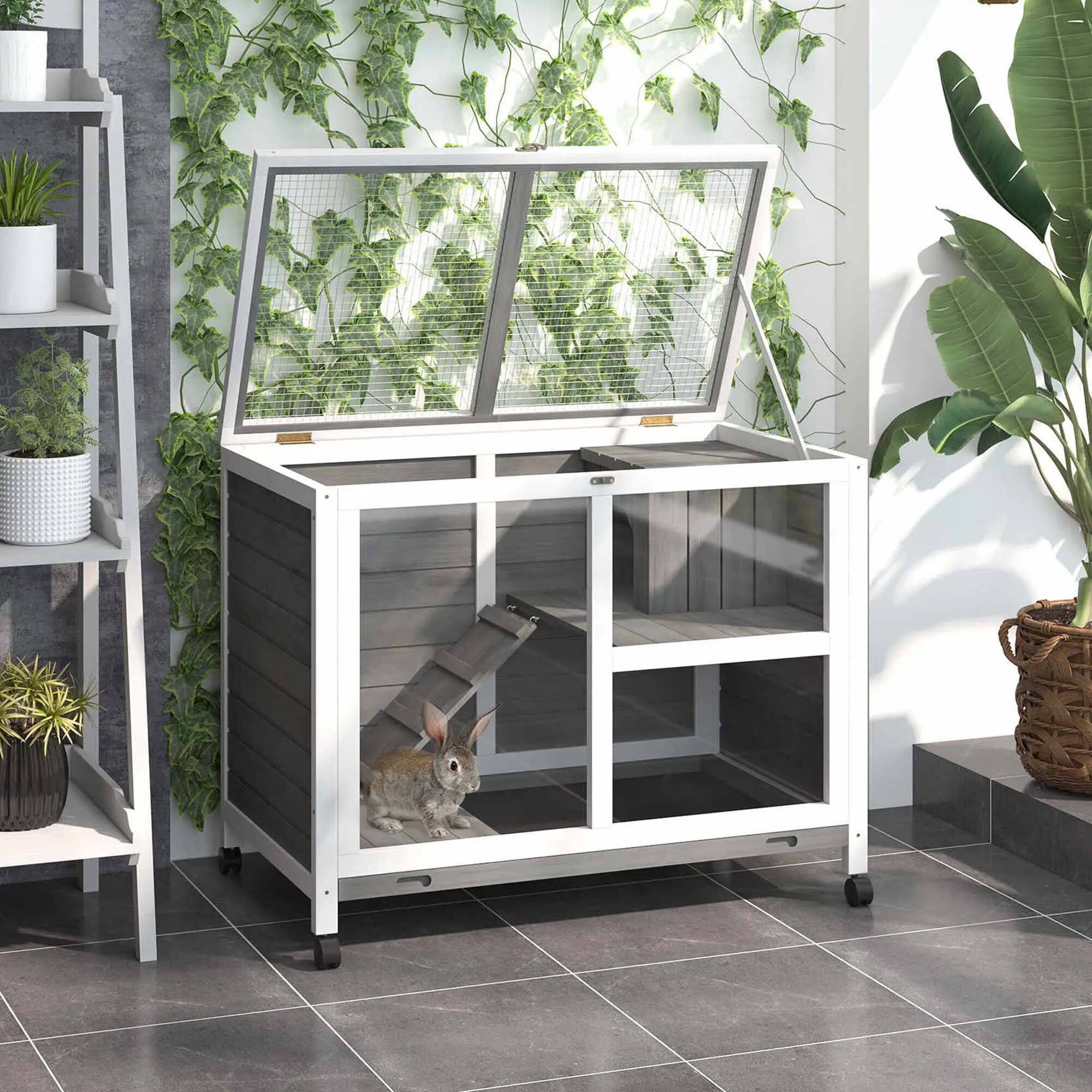 Alt View 3. Pefilos - 36" Rabbit Hutch with Wheels, Removable Tray and Openable Top, Wooden Bunny House.