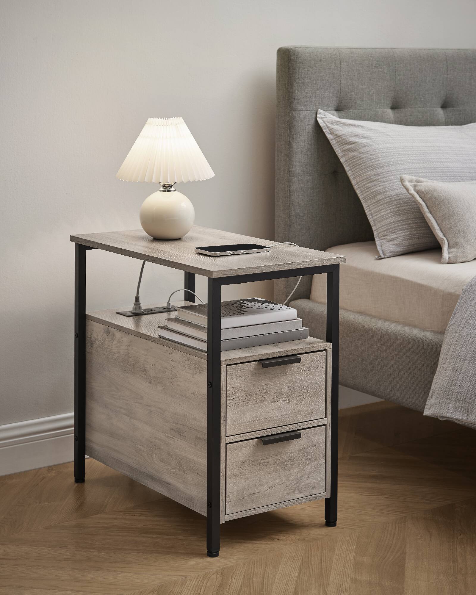 Alt View 5. Songmics Home - Side End Table with Charging Station, Slim Nightstand with 2 Drawers, Narrow Bedside Table for Living Room, Small Spaces - Heather Greige and Ink Black.