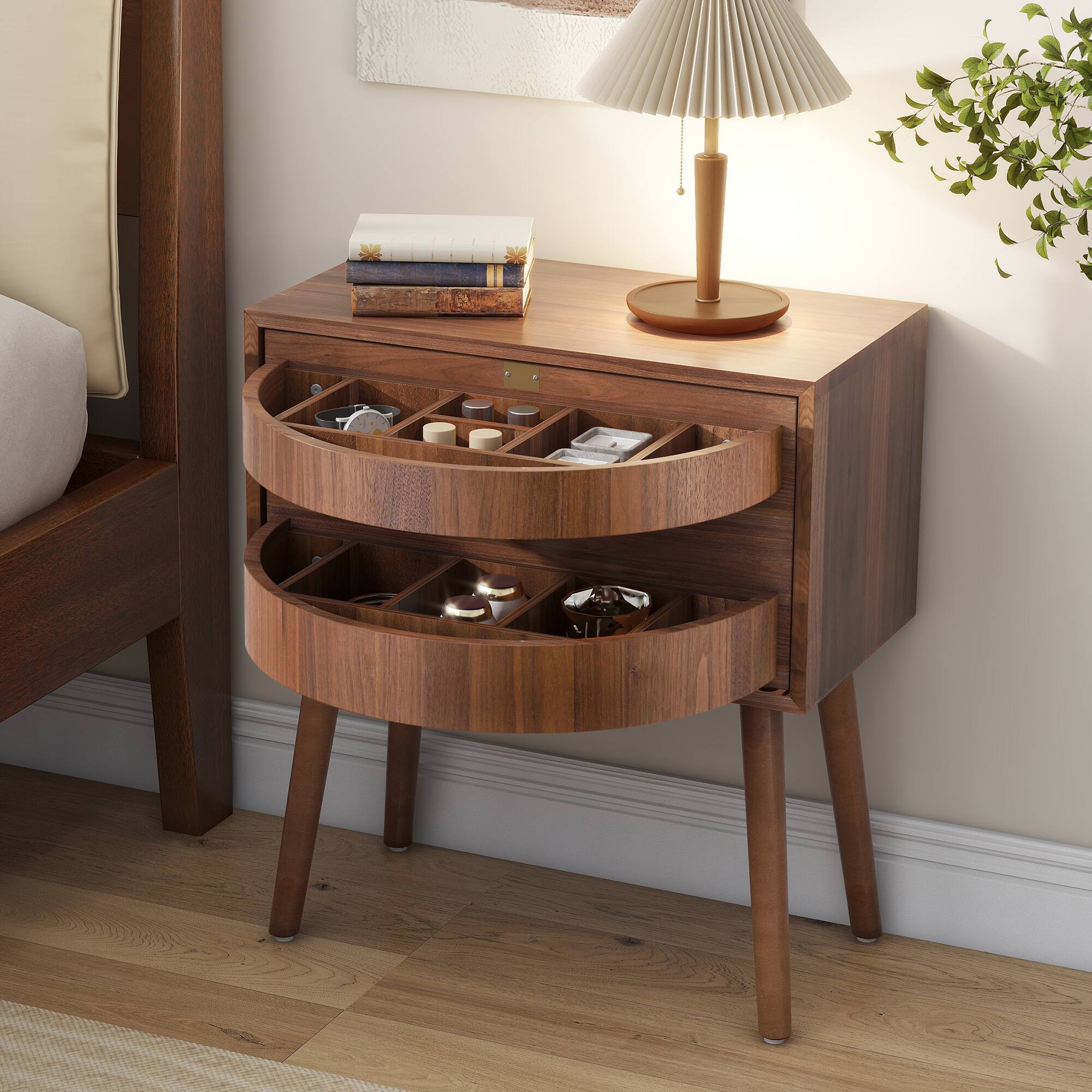 Whisen - Rotating Nightstand with Hidden Compartments, Rattan Bedside Table and Storage End Table - Walnut