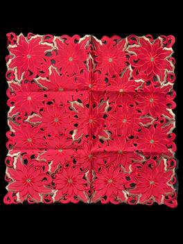 Jiallo - Poinsettia and Green Leaf Embroidered Cutwork Square tablecloth, 36 inch Square Table Linen - Red