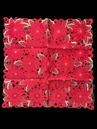 Front. Jiallo - Poinsettia and Green Leaf Embroidered Cutwork Square tablecloth, 36 inch Square Table Linen - Red.