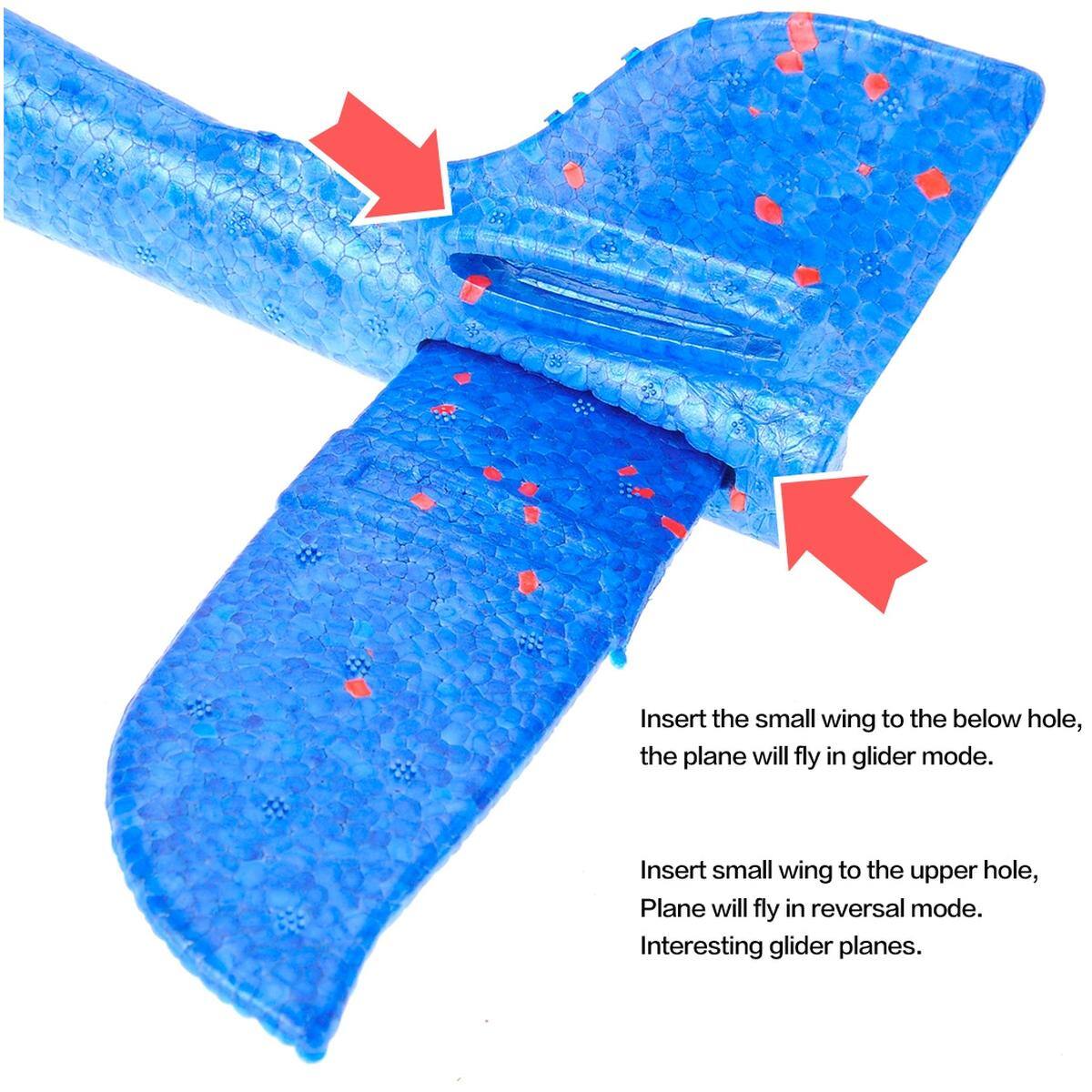 Insert the small wing to the below hole, the plane will fly in glider mode.

Insert small wing to the upper hole, Plane will fly in reversal mode. Interesting glider planes.