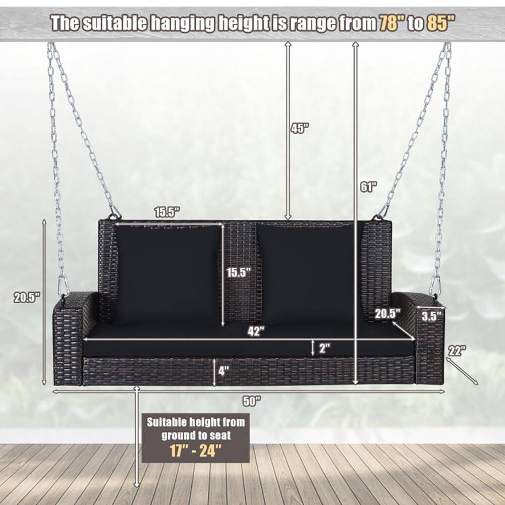 The suitable hanging height is range from 78" to 85"

Suitable height from ground to seat 17" - 24"

- 45"
- 61"
- 15.5"
- 15.5"
- 20.5"
- 4"
- 42"
- 2"
- 20.5"
- 3.5"
- 22"
- 50"