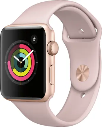 Angle. Apple - Geek Squad Certified Refurbished Apple Watch Series 3 (GPS), 42mm Gold Aluminum Case with Pink Sand Sport Band - Gold Aluminum.