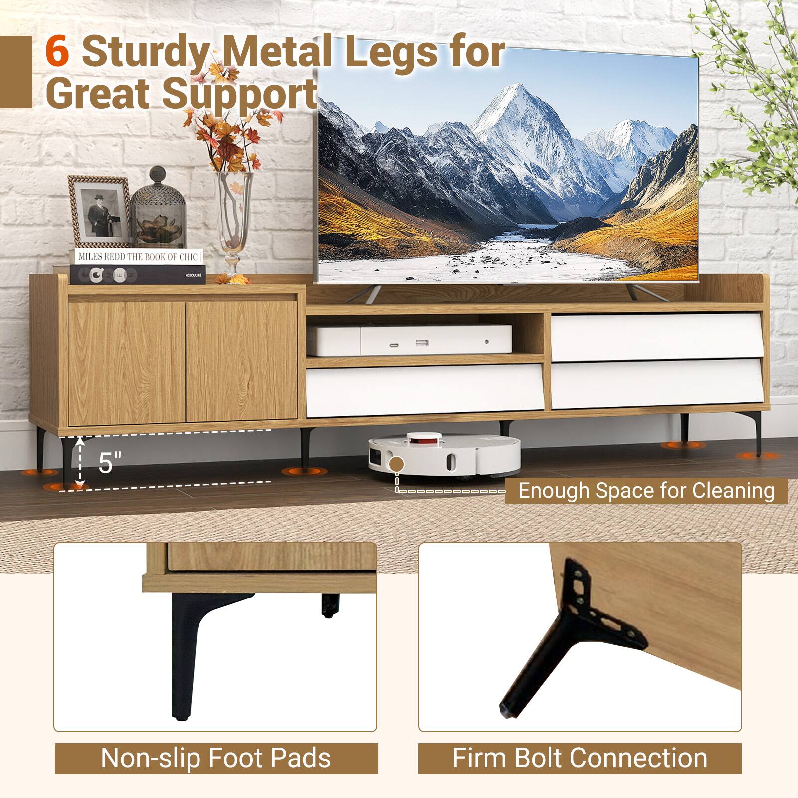 6 Sturdy Metal Legs for Great Support

5" Enough Space for Cleaning

Non-slip Foot Pads

Firm Bolt Connection