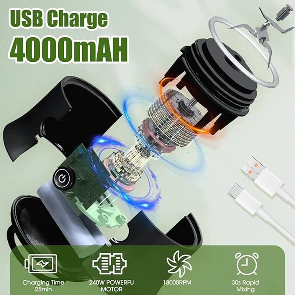 USB Charge 40000mAH

Charging Time: 25min

240W POWERFU MOTOR

18000RPM

30s Rapid Mixing