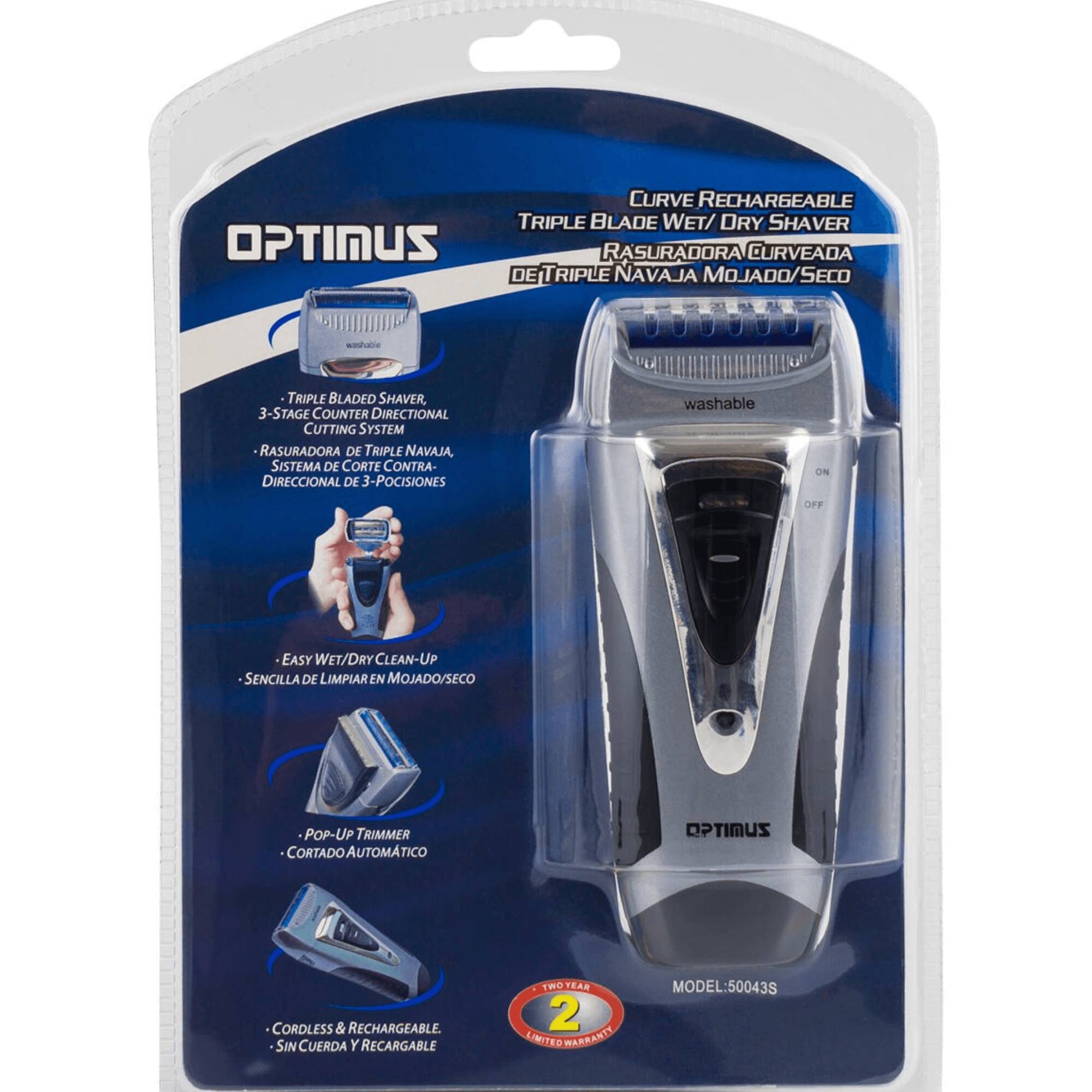 **CURVE RECHARGEABLE TRIPLE BLADE WET/DRY SHaver**

**OPTIMUS**

- Triple Bladed Shaver, 3-Stage Counter Directional Cutting System
- Rasuradora de Triple Navaja, Sistema de Corte Contra-Direccional de 3 Posiciones

- Easy Wet/Dry Clean-Up
- Sencilla de Limpiar en Mojado/Seco

- Pop-Up Trimmer
- Cortado Automático

- Cordless & Rechargeable
- Sin Cuerda y Recargable

**Model: 50043S**

**2 Year Limited Warranty**