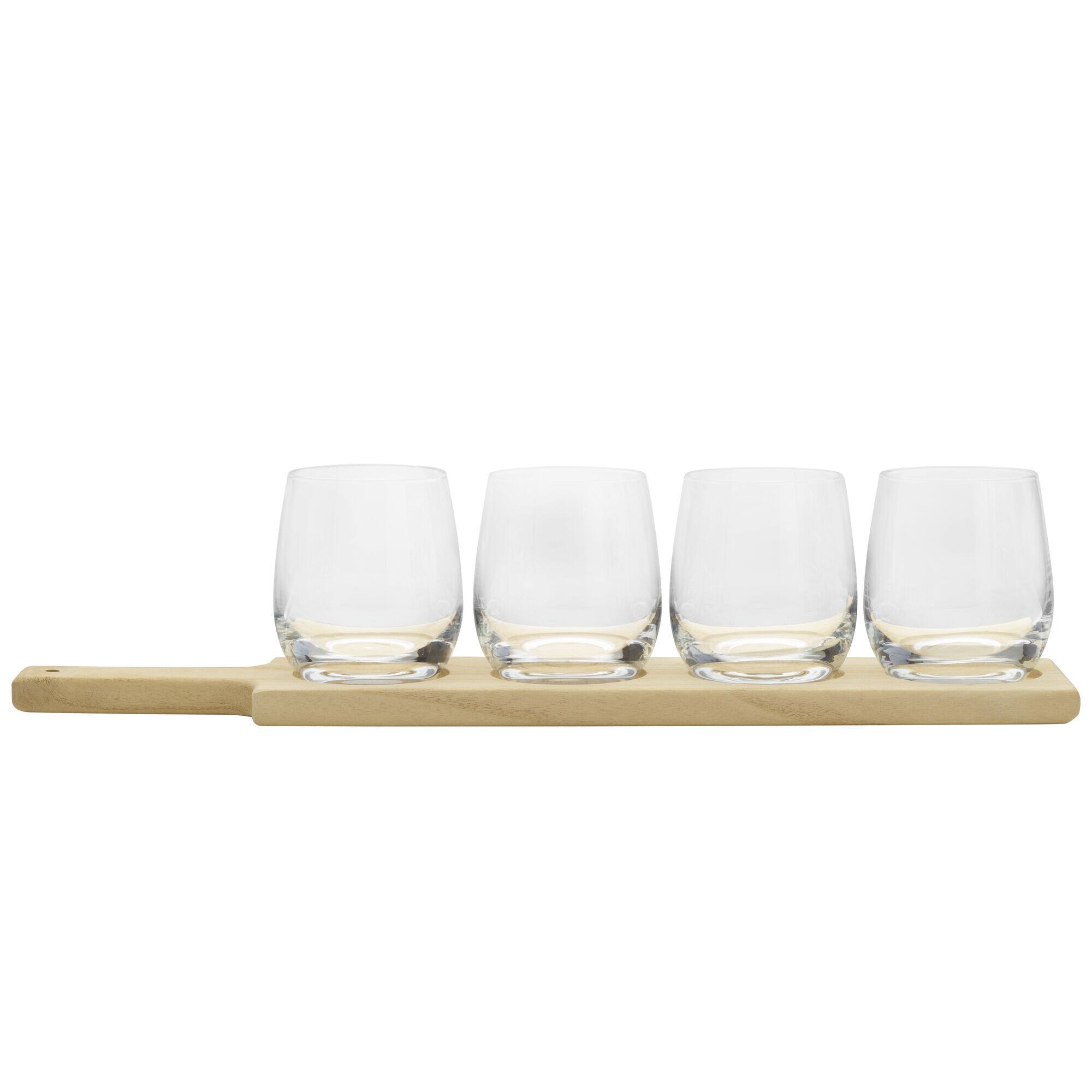 Angle. Houdini - 5-Piece Wine Flight Tasting Board - Clear glass and natural wood.